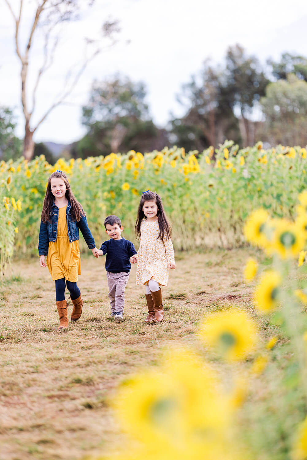 two girls and boy walking in a sunflower yellow all dressed in yellow and blue