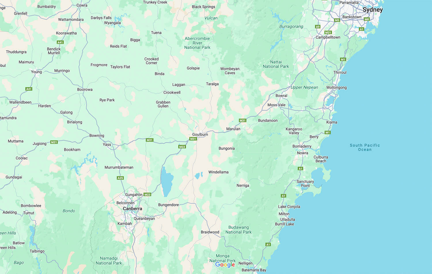 google map of canberra and greater NSW region